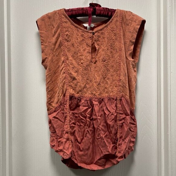 Lucky Brand Blouse Boho Peasant Top Cap Short Sleeve Tunic Modal Linen Aztec - Picture 2 of 6